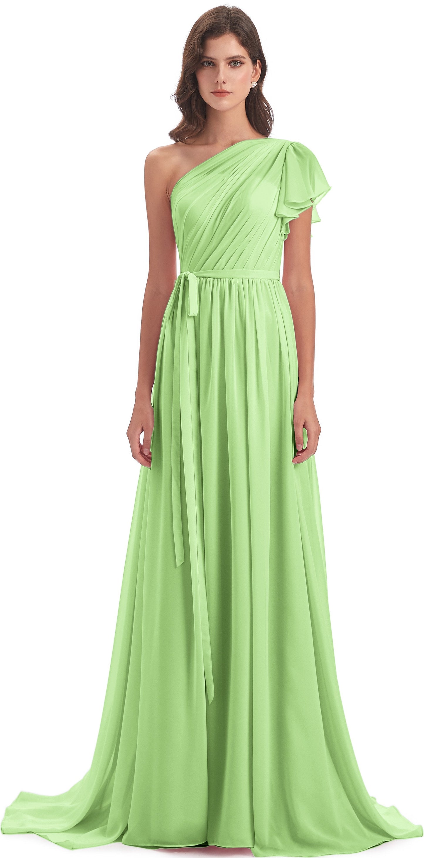A-line Sweep-Brush Train One Shoulder Chiffon Long Bridesmaid Dresses