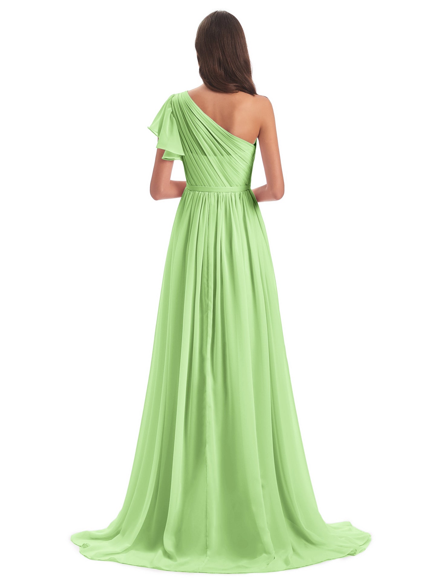 A-line Sweep-Brush Train One Shoulder Chiffon Long Bridesmaid Dresses
