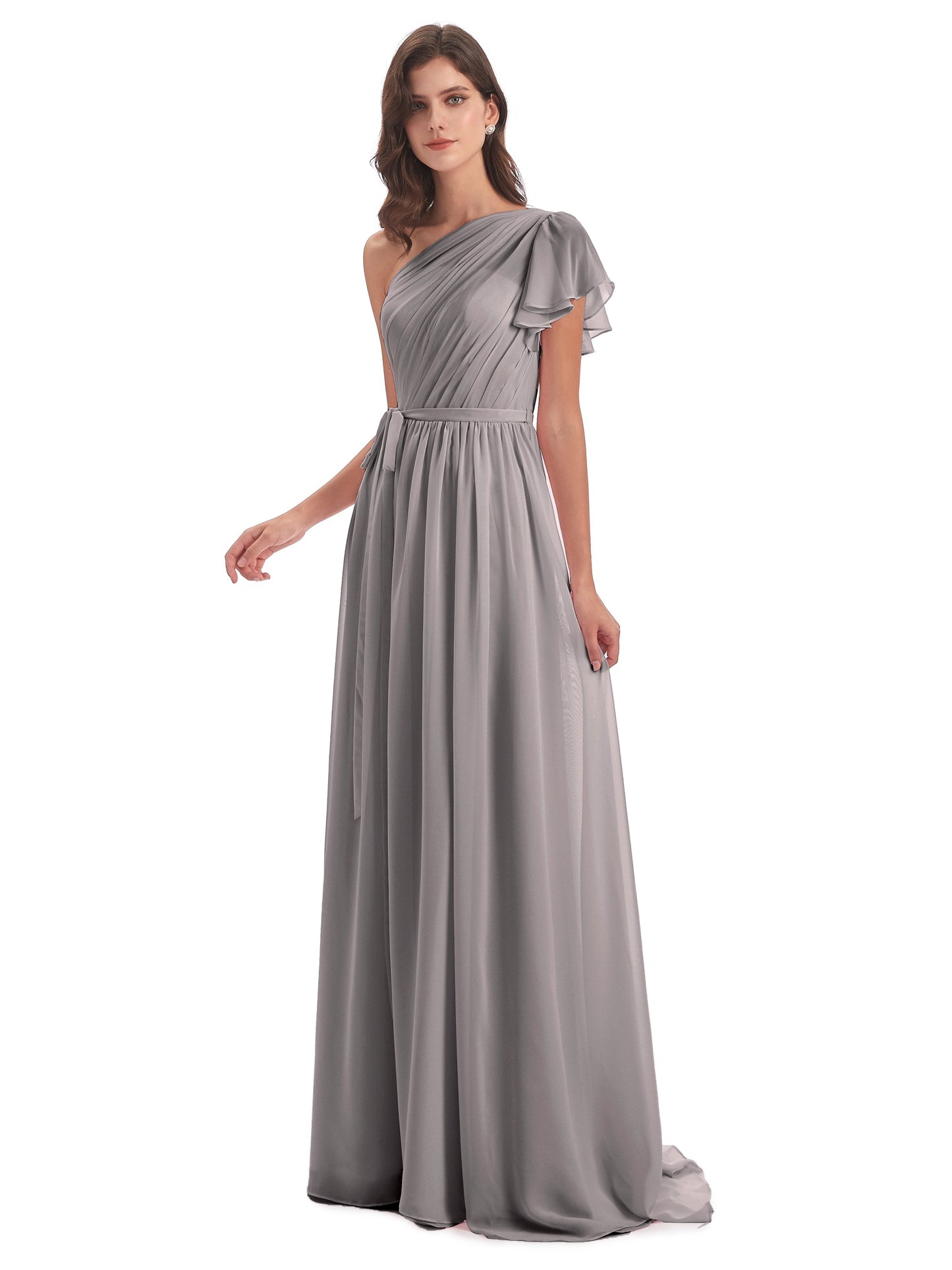 A-line Sweep-Brush Train One Shoulder Chiffon Long Bridesmaid Dresses