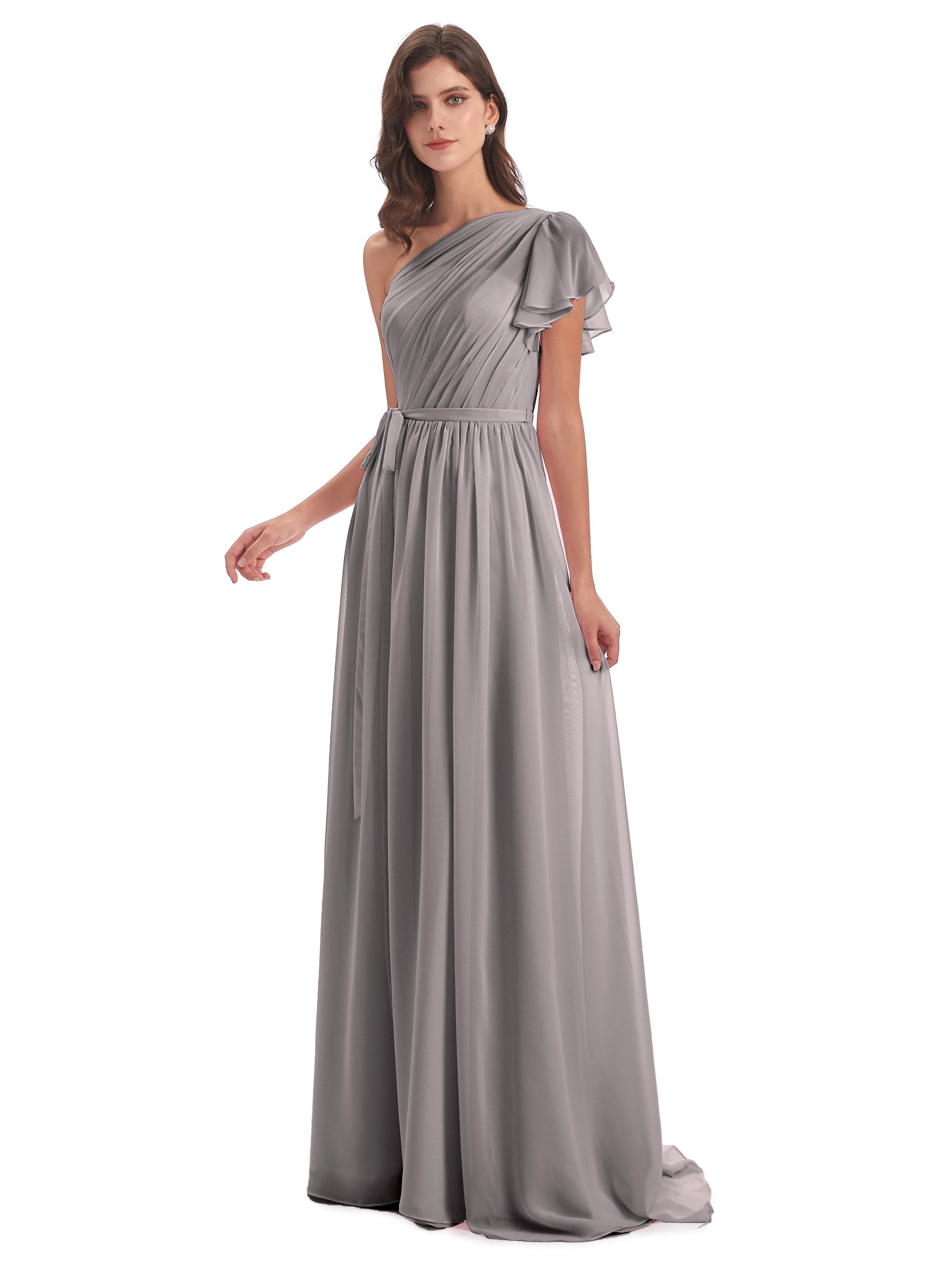 A-line Sweep-Brush Train One Shoulder Chiffon Long Bridesmaid Dresses