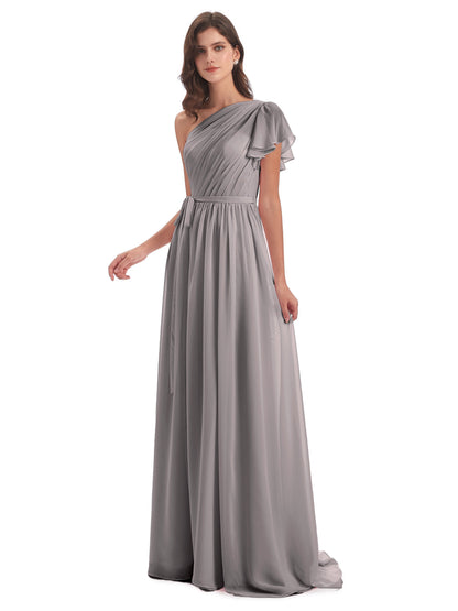 A-line Sweep-Brush Train One Shoulder Chiffon Long Bridesmaid Dresses