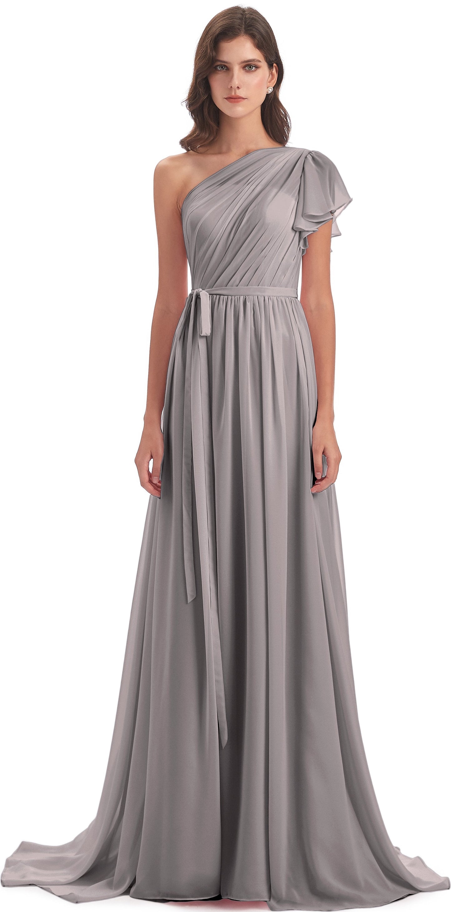A-line Sweep-Brush Train One Shoulder Chiffon Long Bridesmaid Dresses