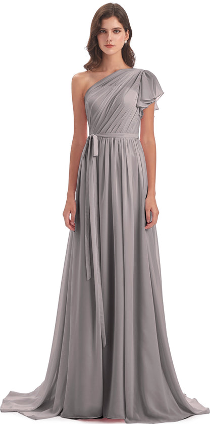 A-line Sweep-Brush Train One Shoulder Chiffon Long Bridesmaid Dresses