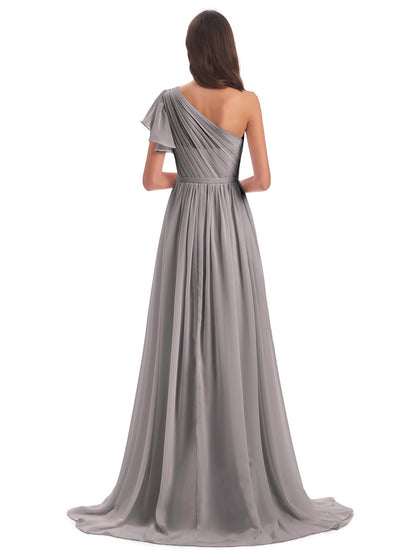 A-line Sweep-Brush Train One Shoulder Chiffon Long Bridesmaid Dresses