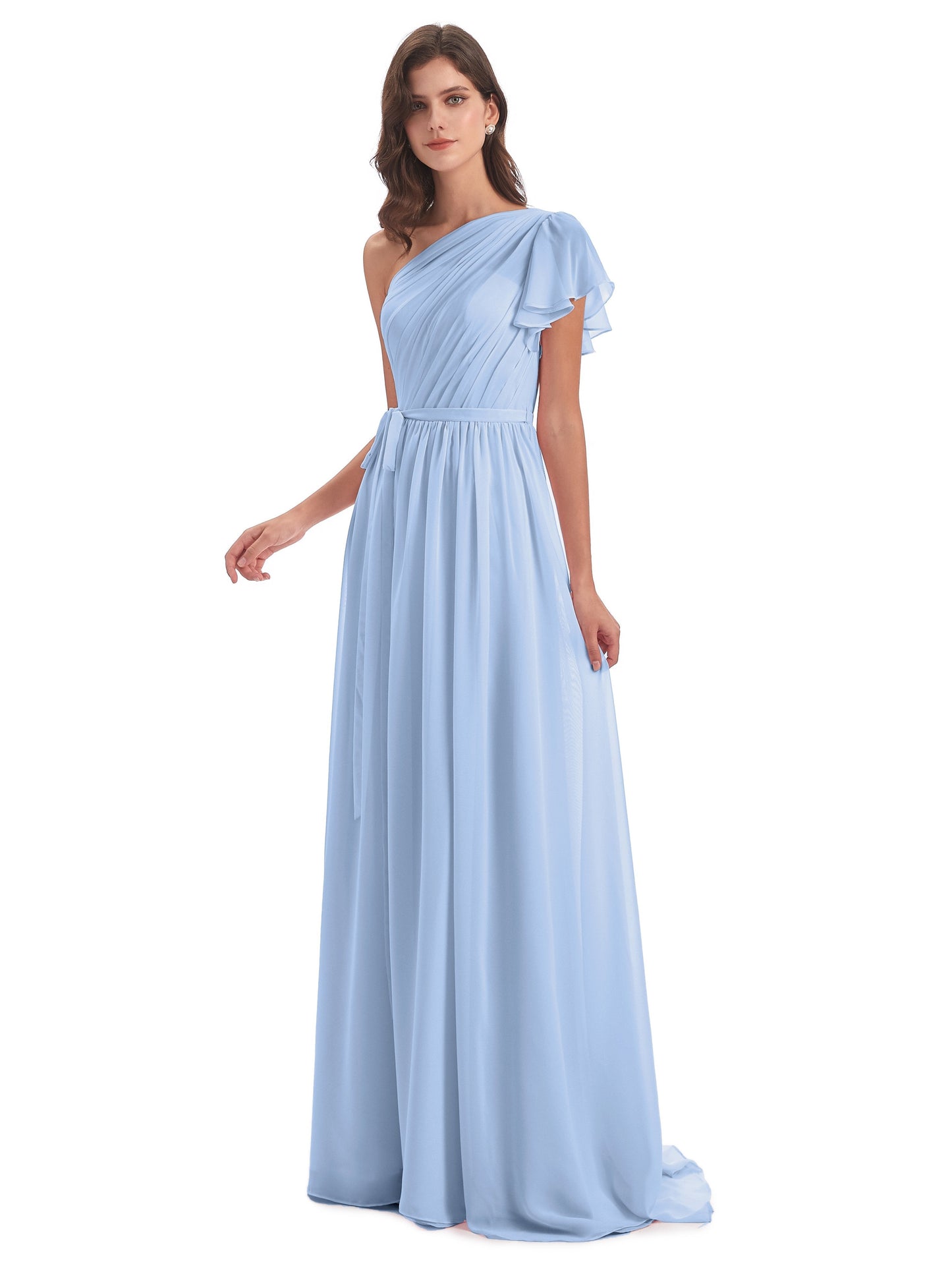 A-line Sweep-Brush Train One Shoulder Chiffon Long Bridesmaid Dresses