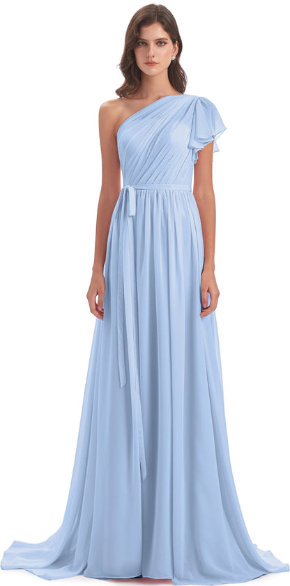 A-line Sweep-Brush Train One Shoulder Chiffon Long Bridesmaid Dresses