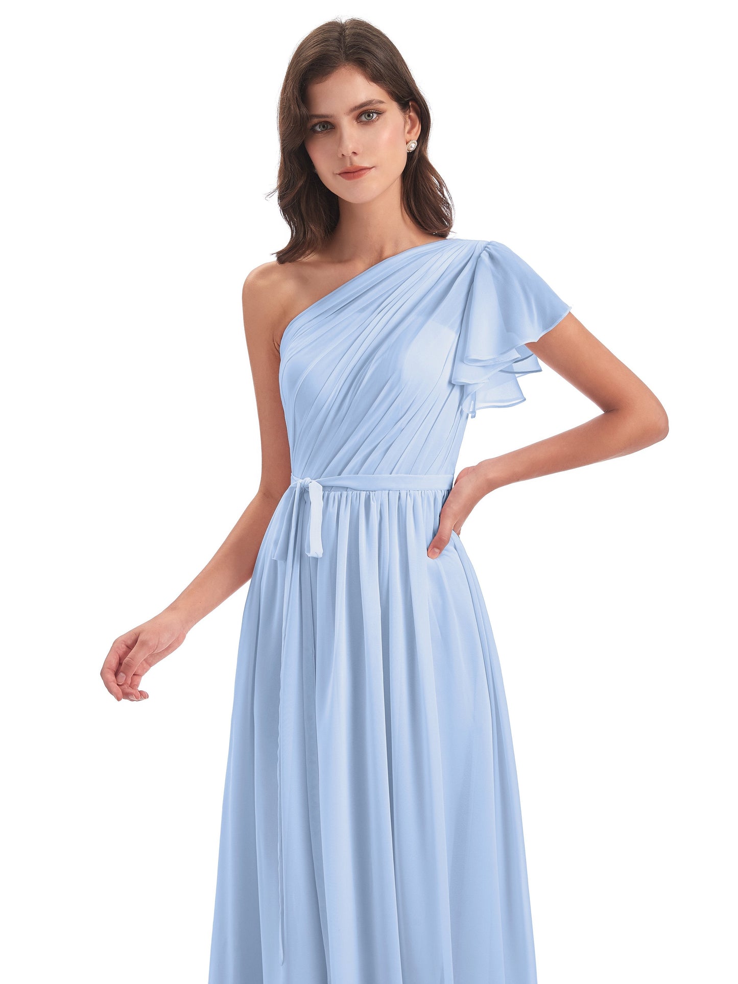 A-line Sweep-Brush Train One Shoulder Chiffon Long Bridesmaid Dresses