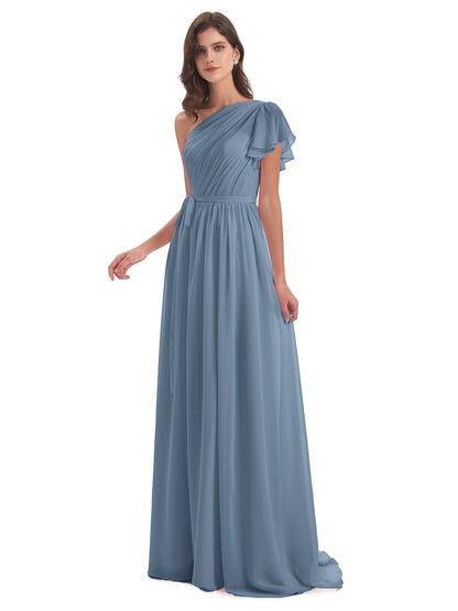 A-line Sweep-Brush Train One Shoulder Chiffon Long Bridesmaid Dresses