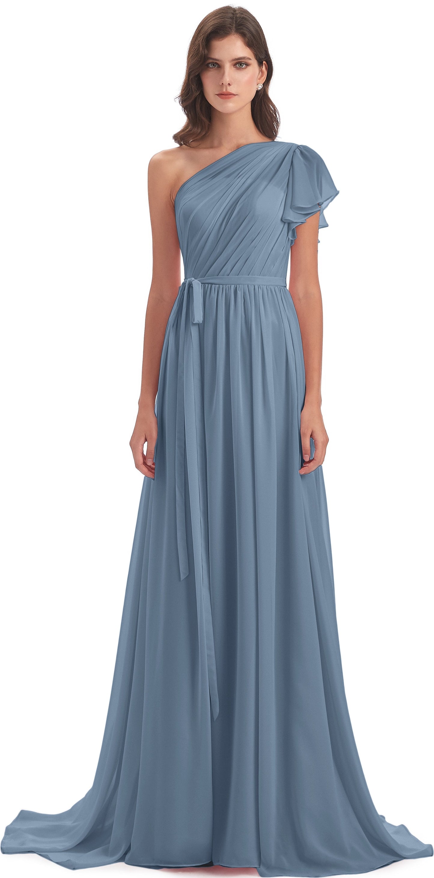 A-line Sweep-Brush Train One Shoulder Chiffon Long Bridesmaid Dresses