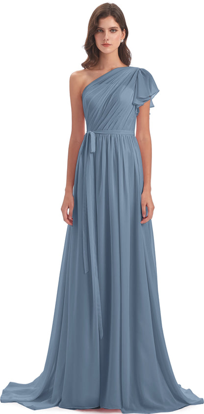 A-line Sweep-Brush Train One Shoulder Chiffon Long Bridesmaid Dresses