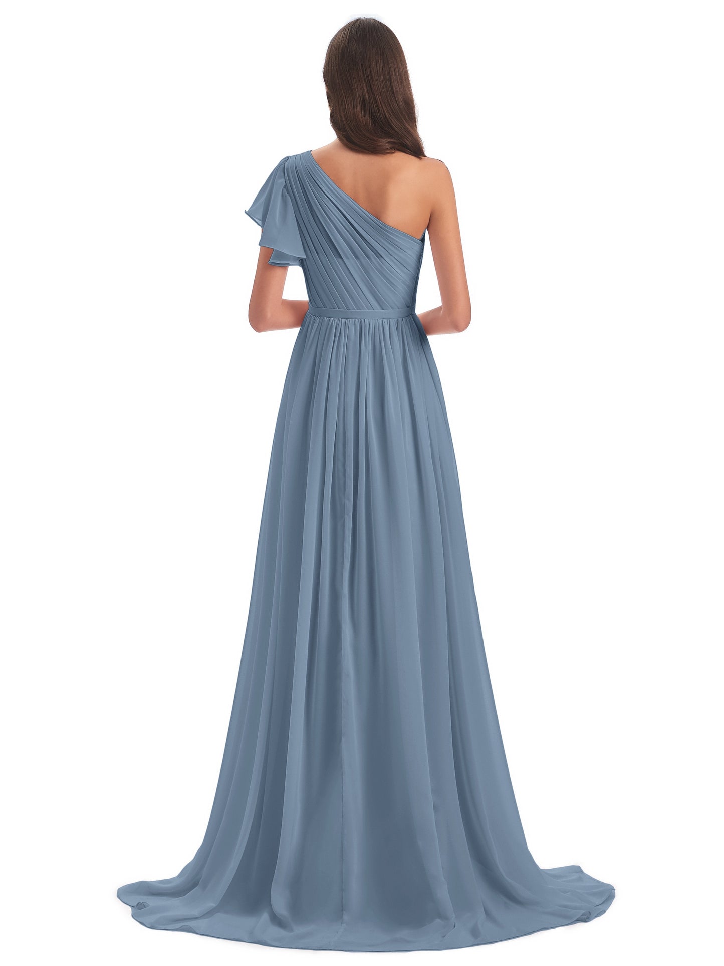 A-line Sweep-Brush Train One Shoulder Chiffon Long Bridesmaid Dresses