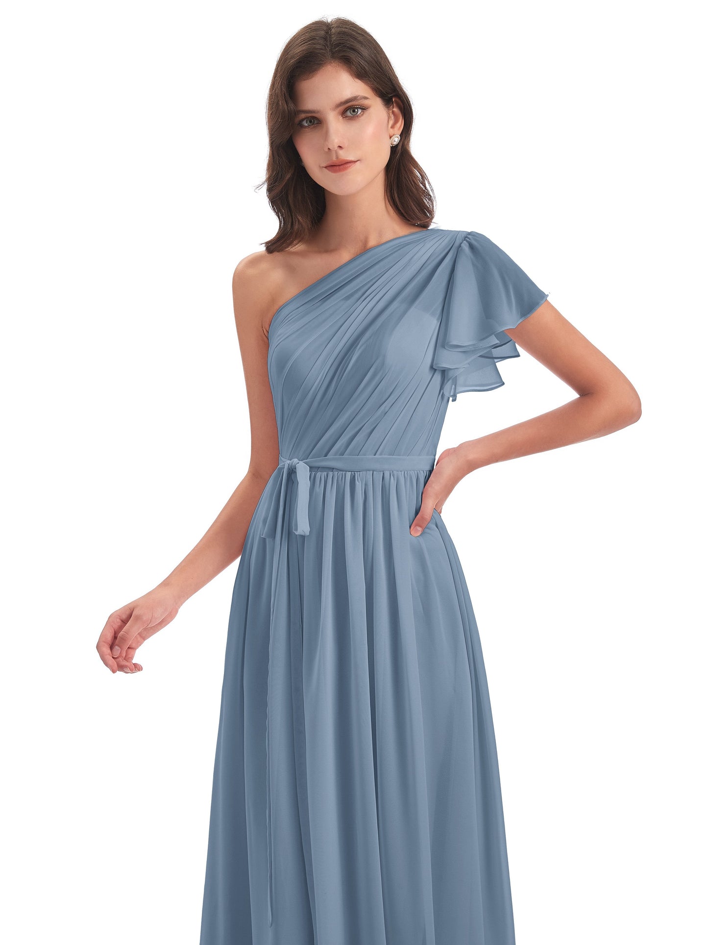 A-line Sweep-Brush Train One Shoulder Chiffon Long Bridesmaid Dresses
