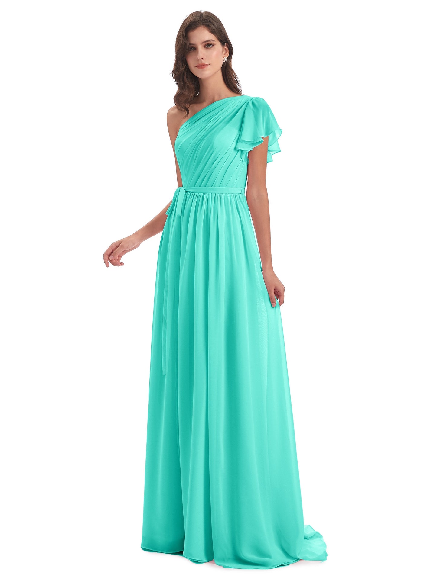 A-line Sweep-Brush Train One Shoulder Chiffon Long Bridesmaid Dresses