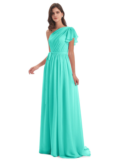 A-line Sweep-Brush Train One Shoulder Chiffon Long Bridesmaid Dresses