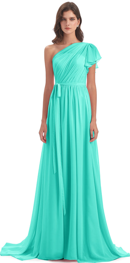 A-line Sweep-Brush Train One Shoulder Chiffon Long Bridesmaid Dresses