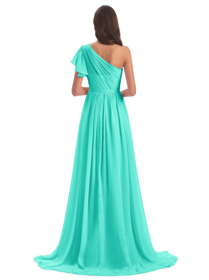 A-line Sweep-Brush Train One Shoulder Chiffon Long Bridesmaid Dresses