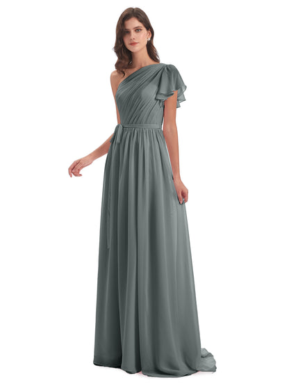 A-line Sweep-Brush Train One Shoulder Chiffon Long Bridesmaid Dresses