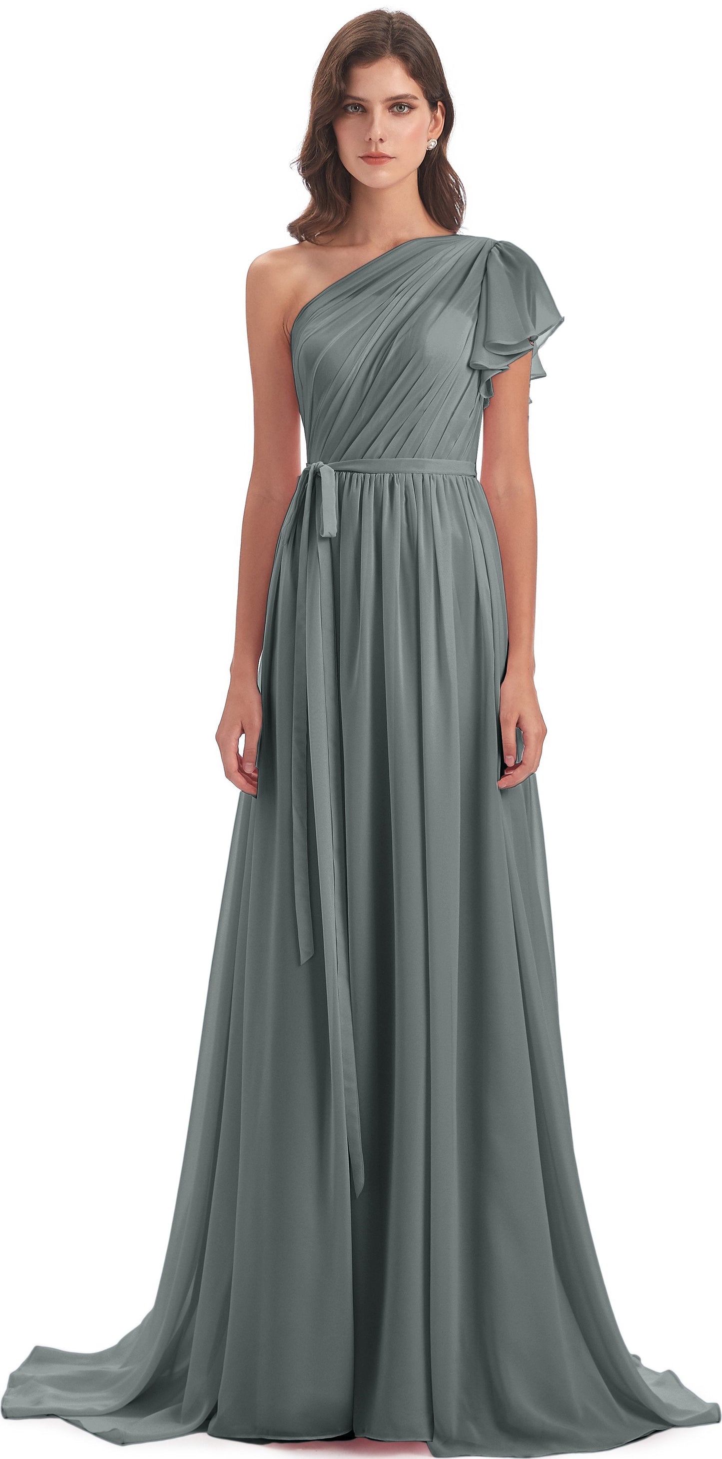 A-line Sweep-Brush Train One Shoulder Chiffon Long Bridesmaid Dresses