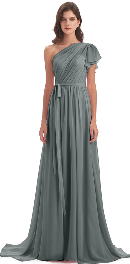 A-line Sweep-Brush Train One Shoulder Chiffon Long Bridesmaid Dresses