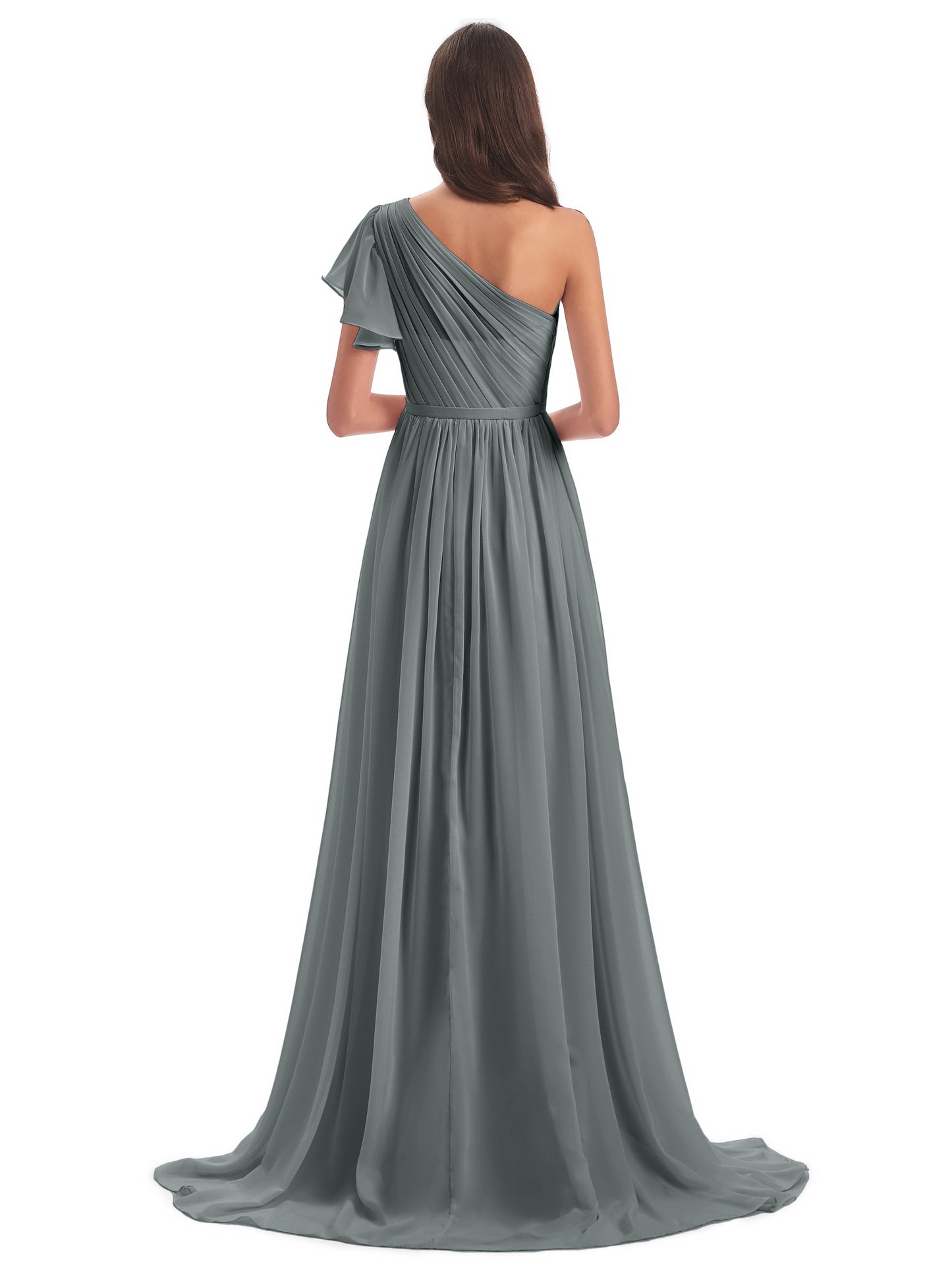 A-line Sweep-Brush Train One Shoulder Chiffon Long Bridesmaid Dresses