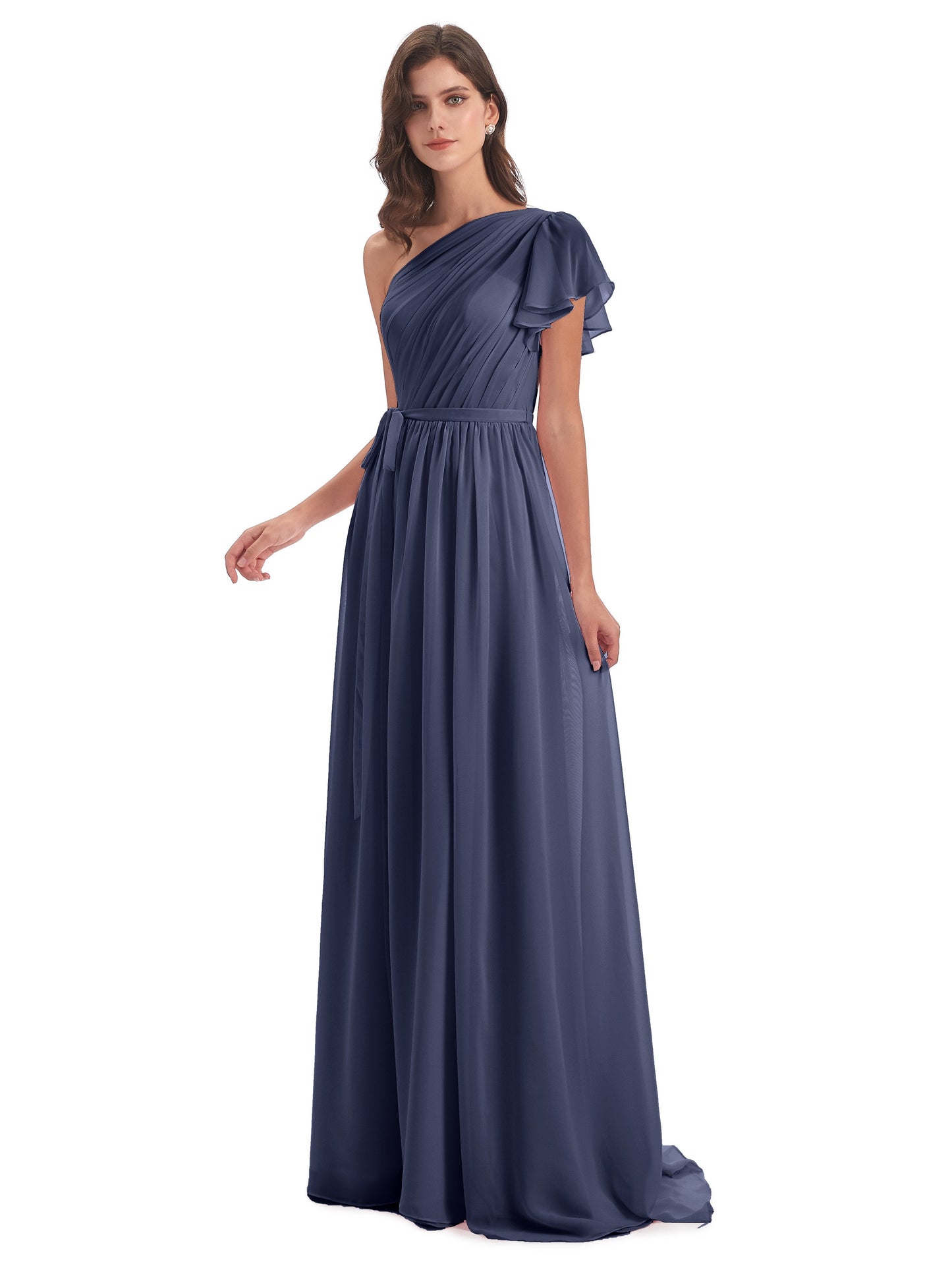 A-line Sweep-Brush Train One Shoulder Chiffon Long Bridesmaid Dresses