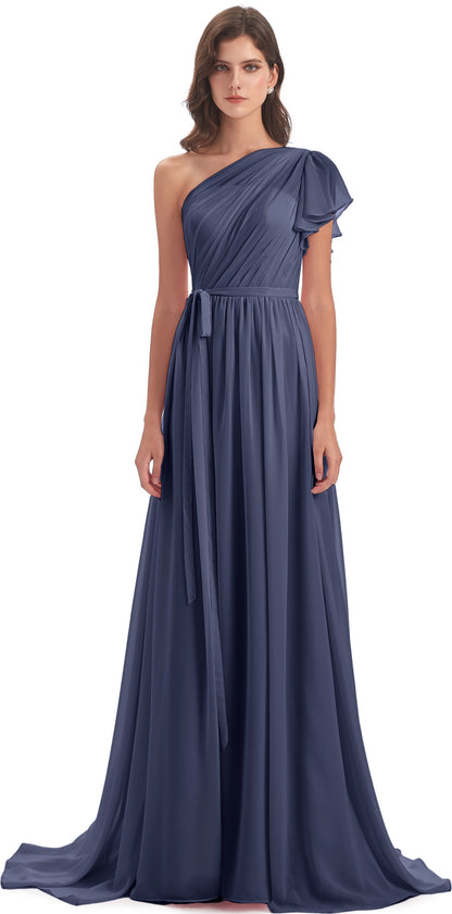 A-line Sweep-Brush Train One Shoulder Chiffon Long Bridesmaid Dresses