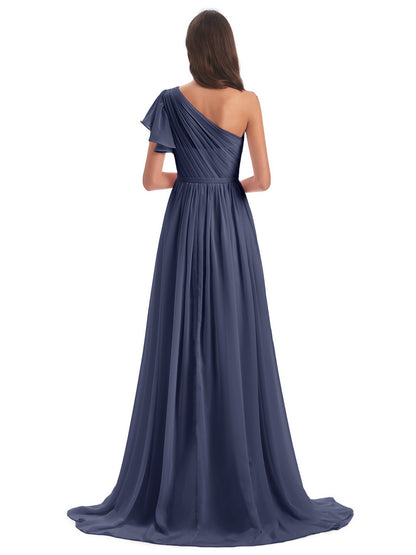 A-line Sweep-Brush Train One Shoulder Chiffon Long Bridesmaid Dresses