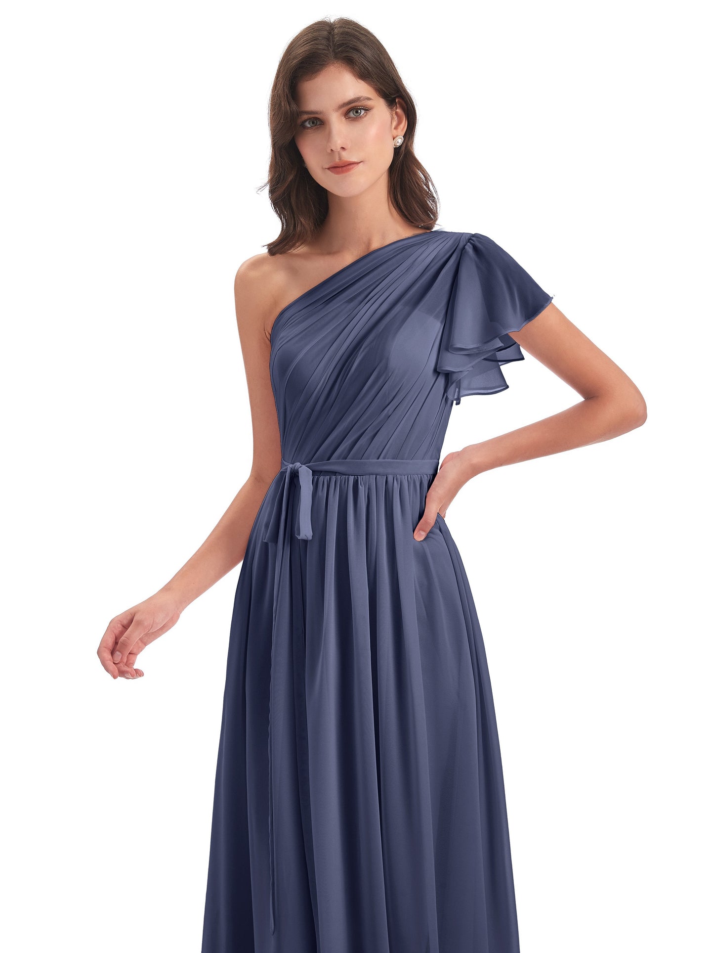 A-line Sweep-Brush Train One Shoulder Chiffon Long Bridesmaid Dresses