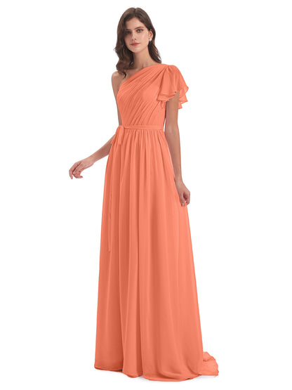 A-line Sweep-Brush Train One Shoulder Chiffon Long Bridesmaid Dresses