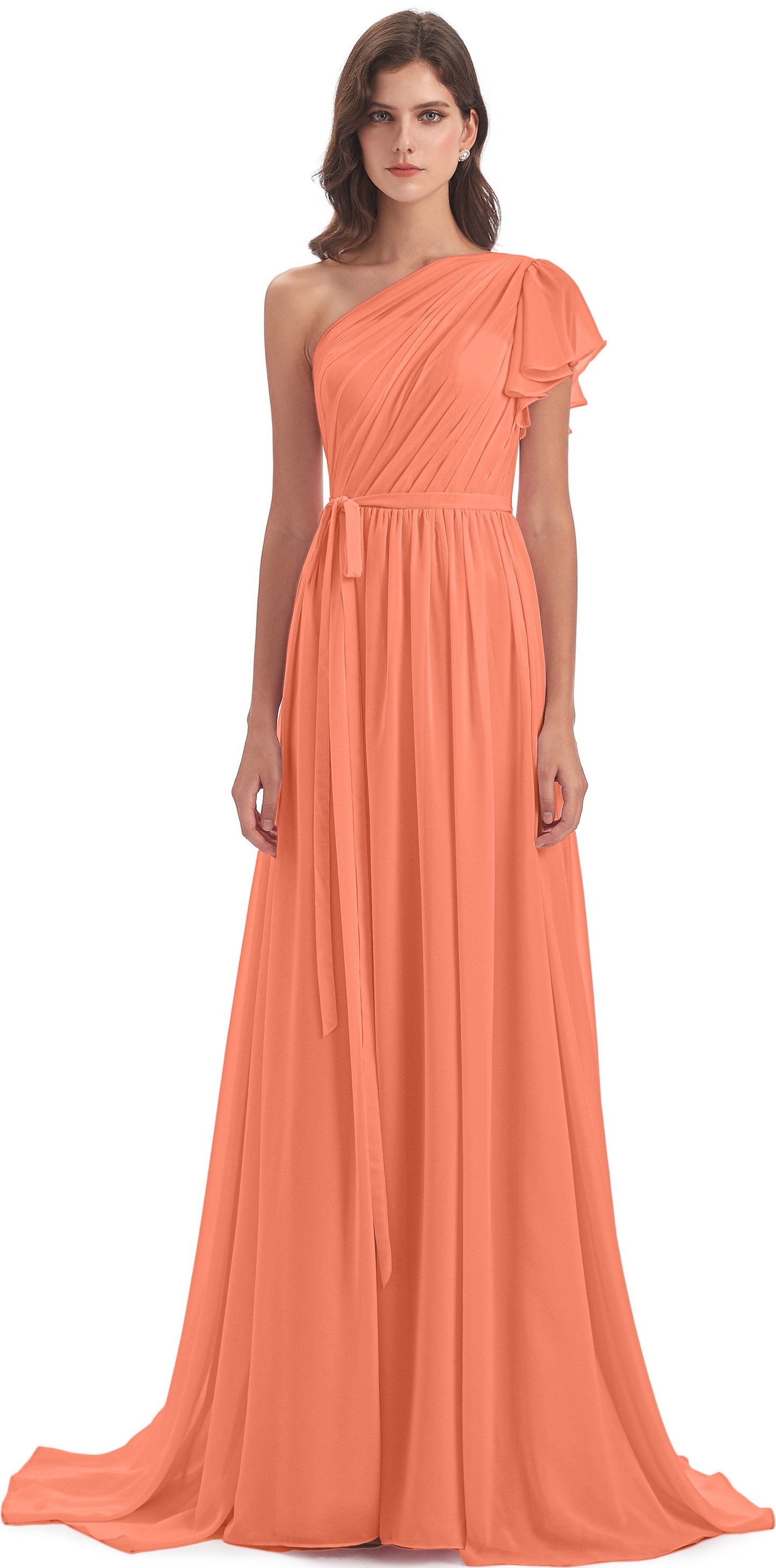 A-line Sweep-Brush Train One Shoulder Chiffon Long Bridesmaid Dresses