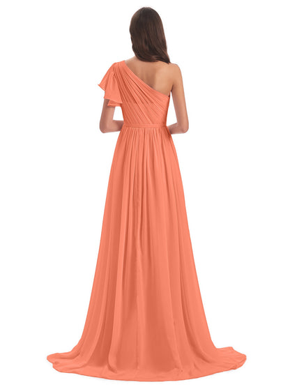 A-line Sweep-Brush Train One Shoulder Chiffon Long Bridesmaid Dresses