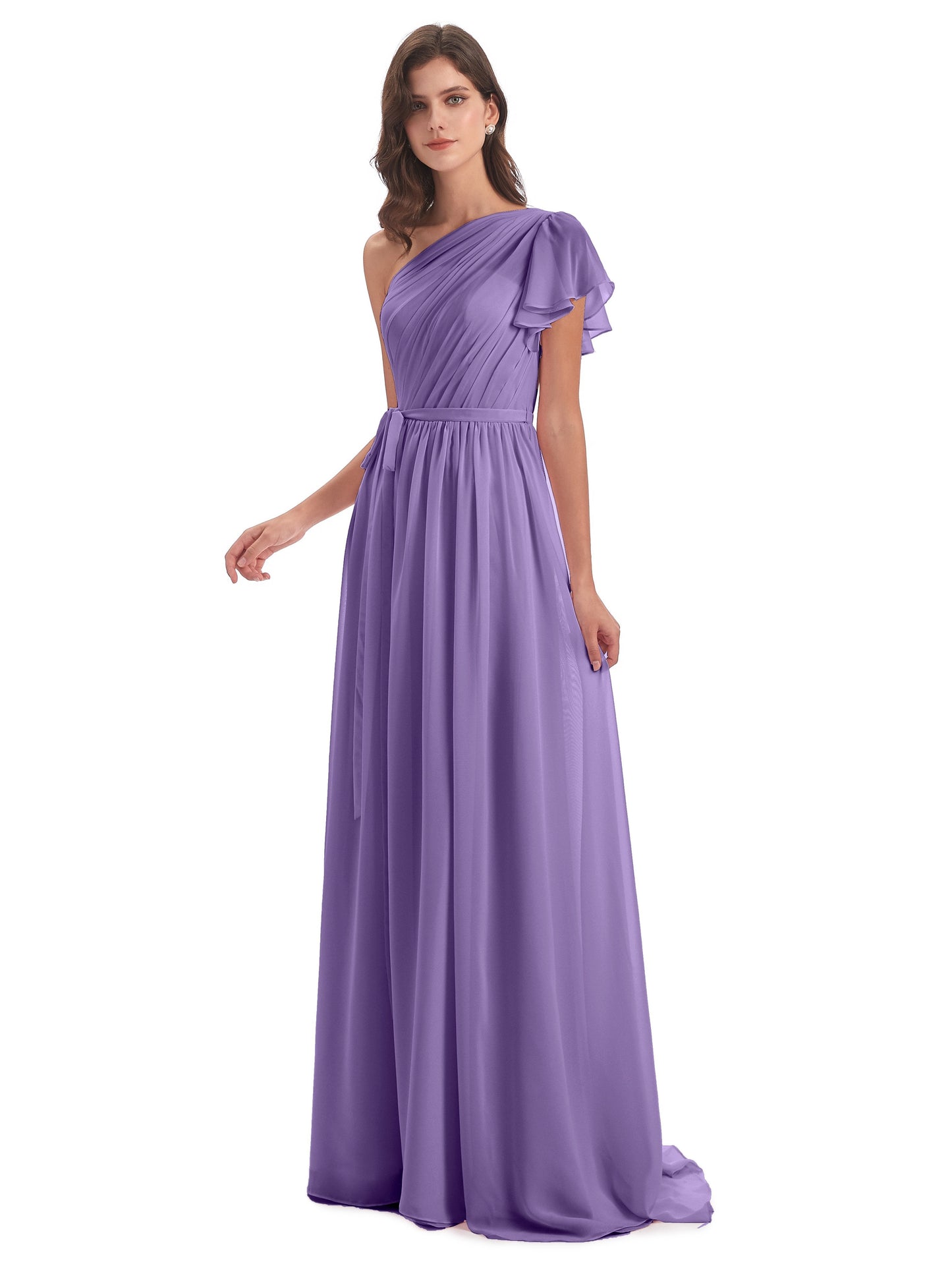 A-line Sweep-Brush Train One Shoulder Chiffon Long Bridesmaid Dresses