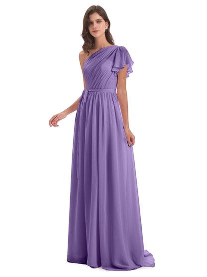A-line Sweep-Brush Train One Shoulder Chiffon Long Bridesmaid Dresses