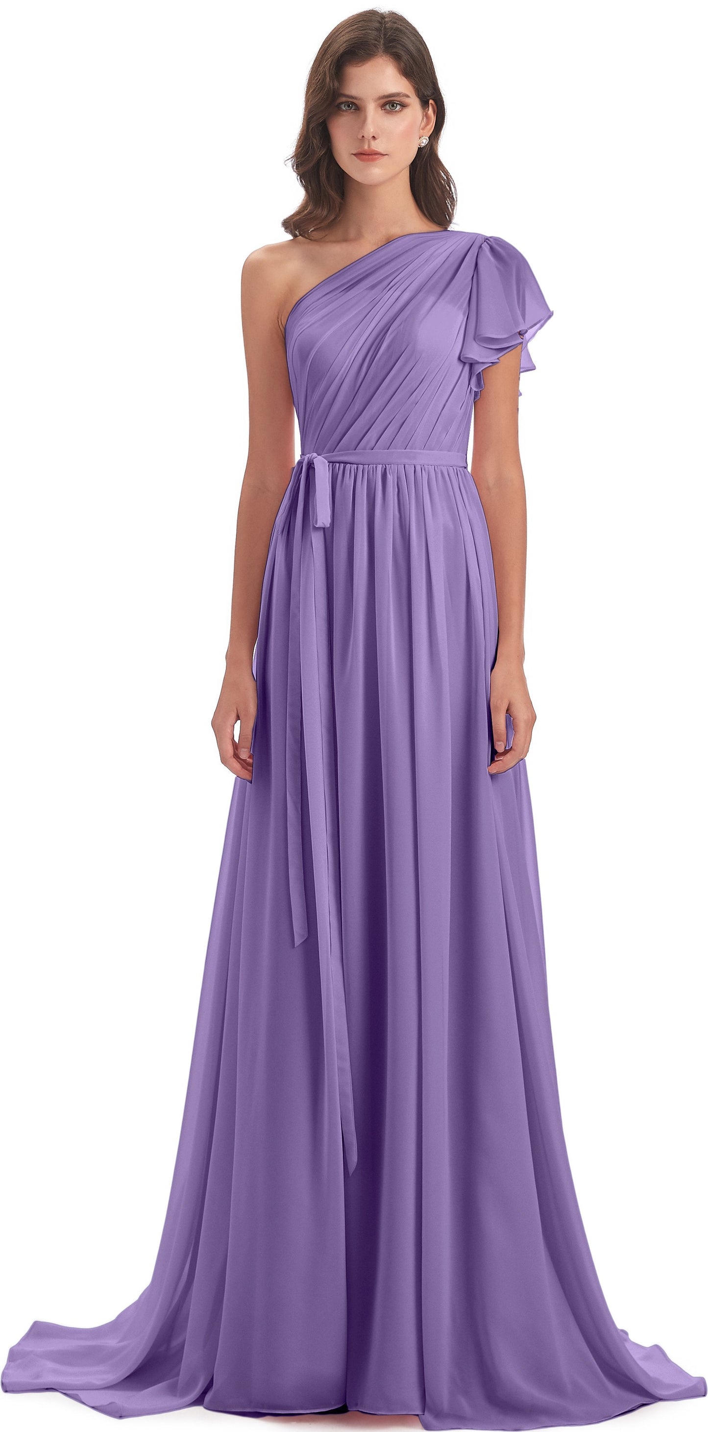 A-line Sweep-Brush Train One Shoulder Chiffon Long Bridesmaid Dresses