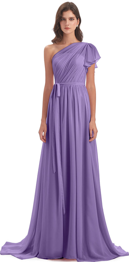 A-line Sweep-Brush Train One Shoulder Chiffon Long Bridesmaid Dresses