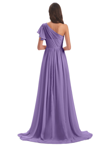 A-line Sweep-Brush Train One Shoulder Chiffon Long Bridesmaid Dresses