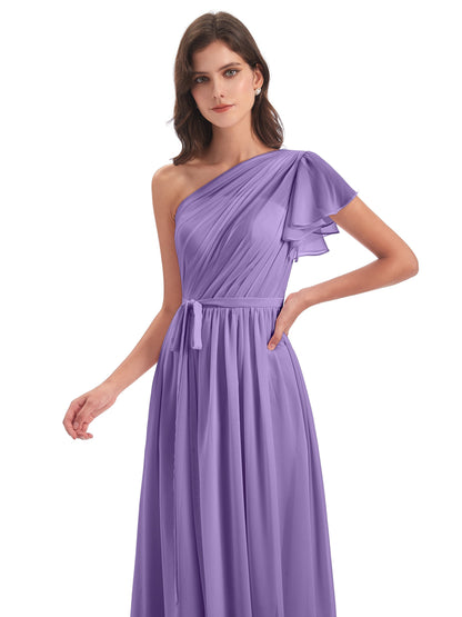 A-line Sweep-Brush Train One Shoulder Chiffon Long Bridesmaid Dresses