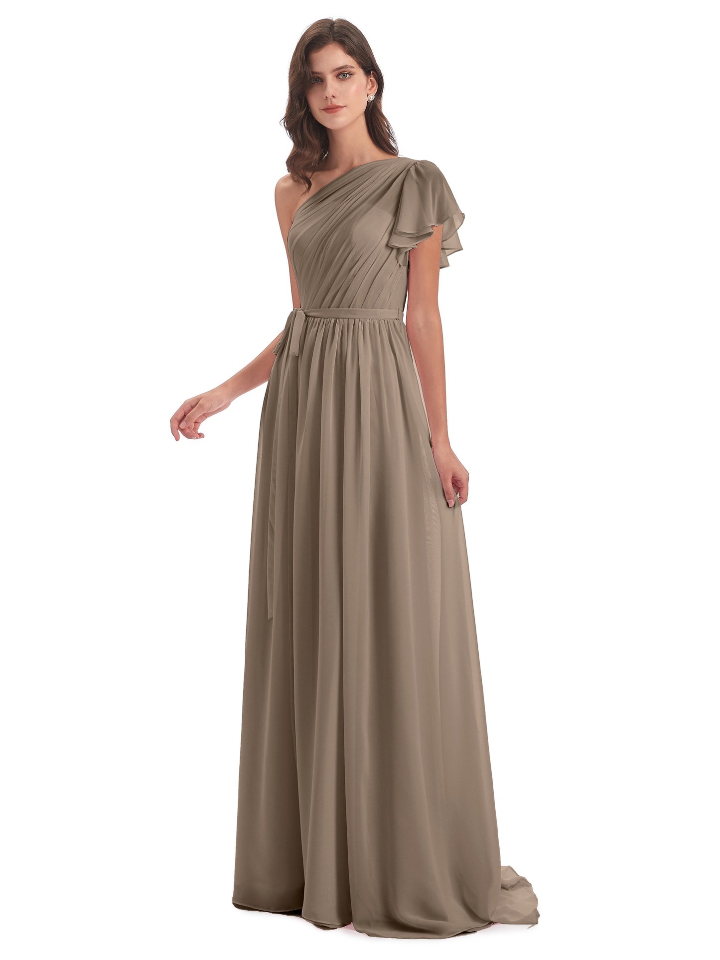 A-line Sweep-Brush Train One Shoulder Chiffon Long Bridesmaid Dresses