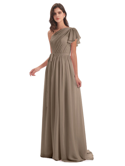 A-line Sweep-Brush Train One Shoulder Chiffon Long Bridesmaid Dresses