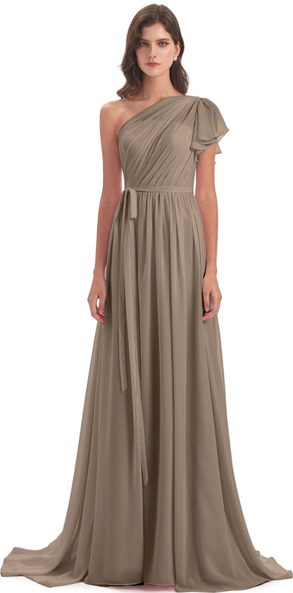 A-line Sweep-Brush Train One Shoulder Chiffon Long Bridesmaid Dresses