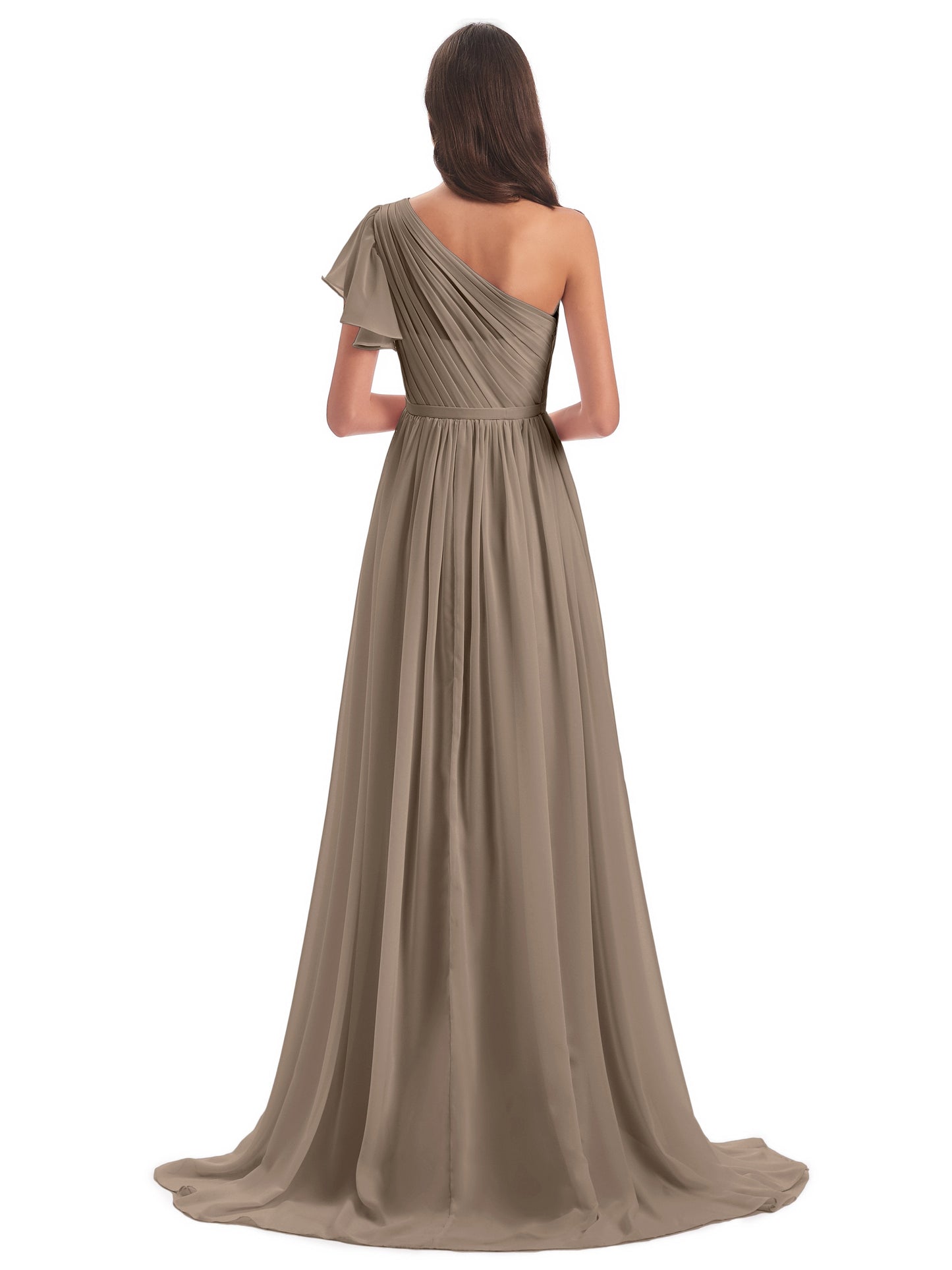 A-line Sweep-Brush Train One Shoulder Chiffon Long Bridesmaid Dresses
