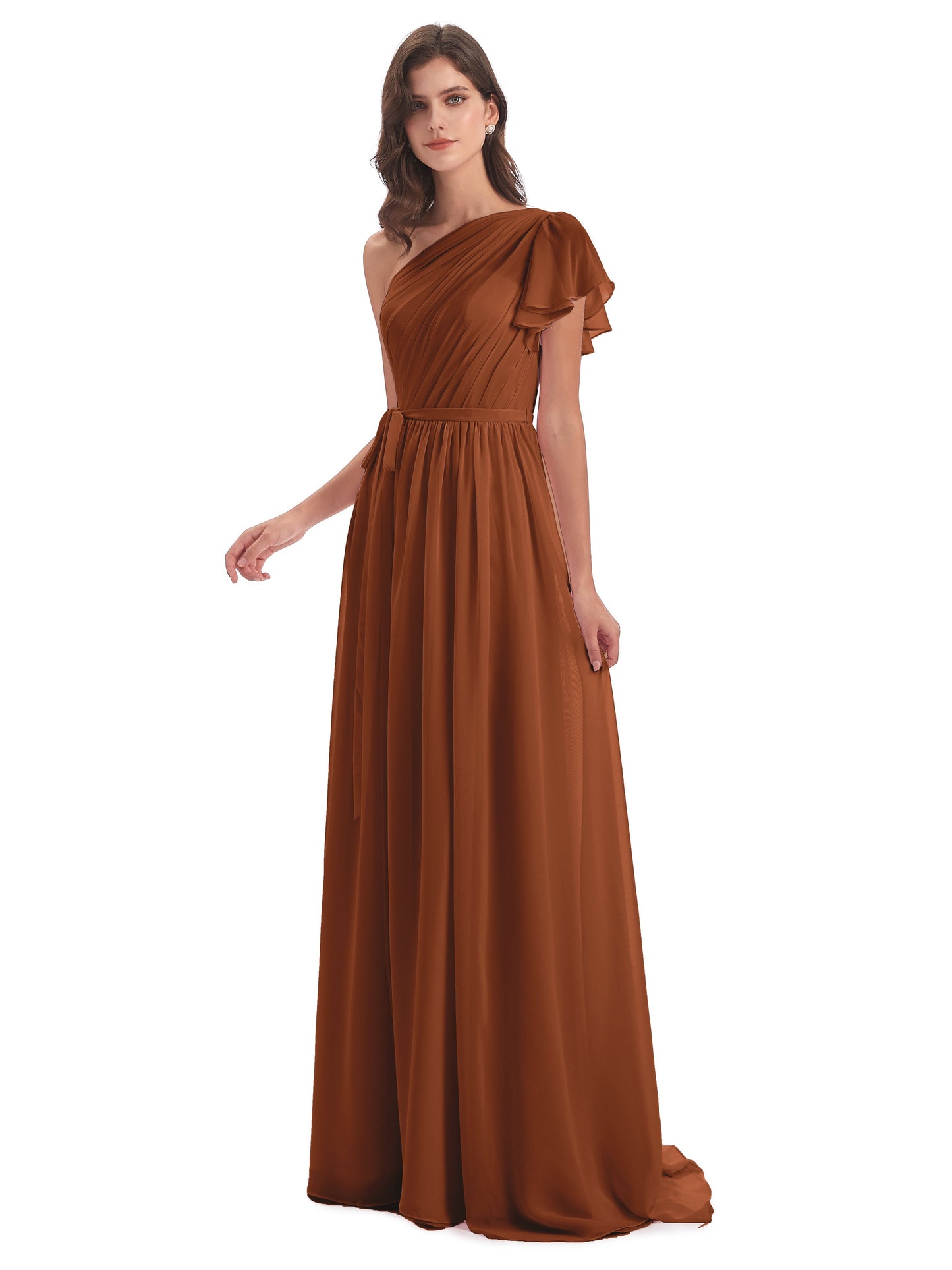 A-line Sweep-Brush Train One Shoulder Chiffon Long Bridesmaid Dresses