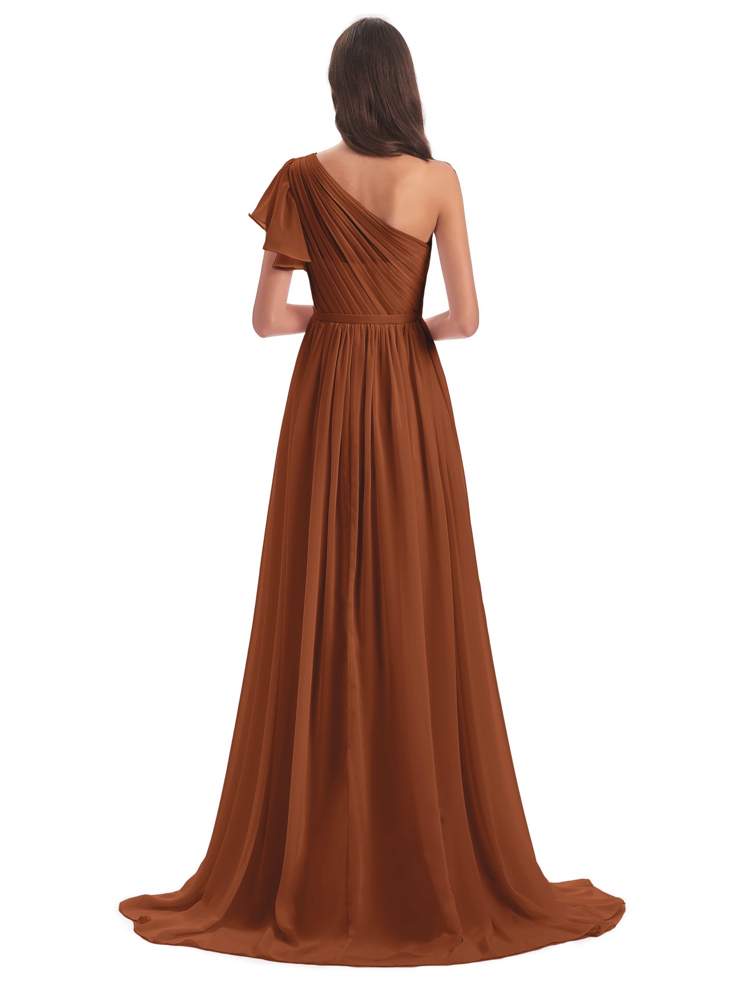 A-line Sweep-Brush Train One Shoulder Chiffon Long Bridesmaid Dresses