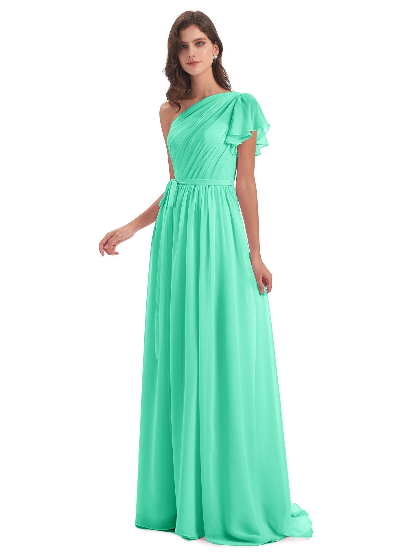 A-line Sweep-Brush Train One Shoulder Chiffon Long Bridesmaid Dresses