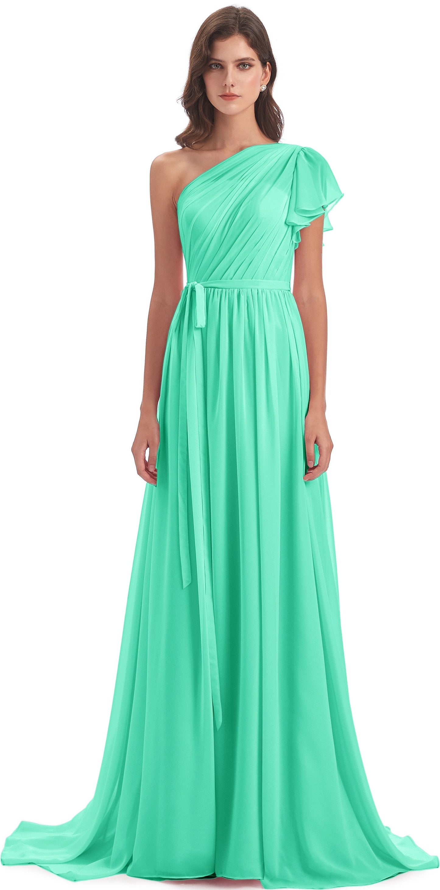 A-line Sweep-Brush Train One Shoulder Chiffon Long Bridesmaid Dresses