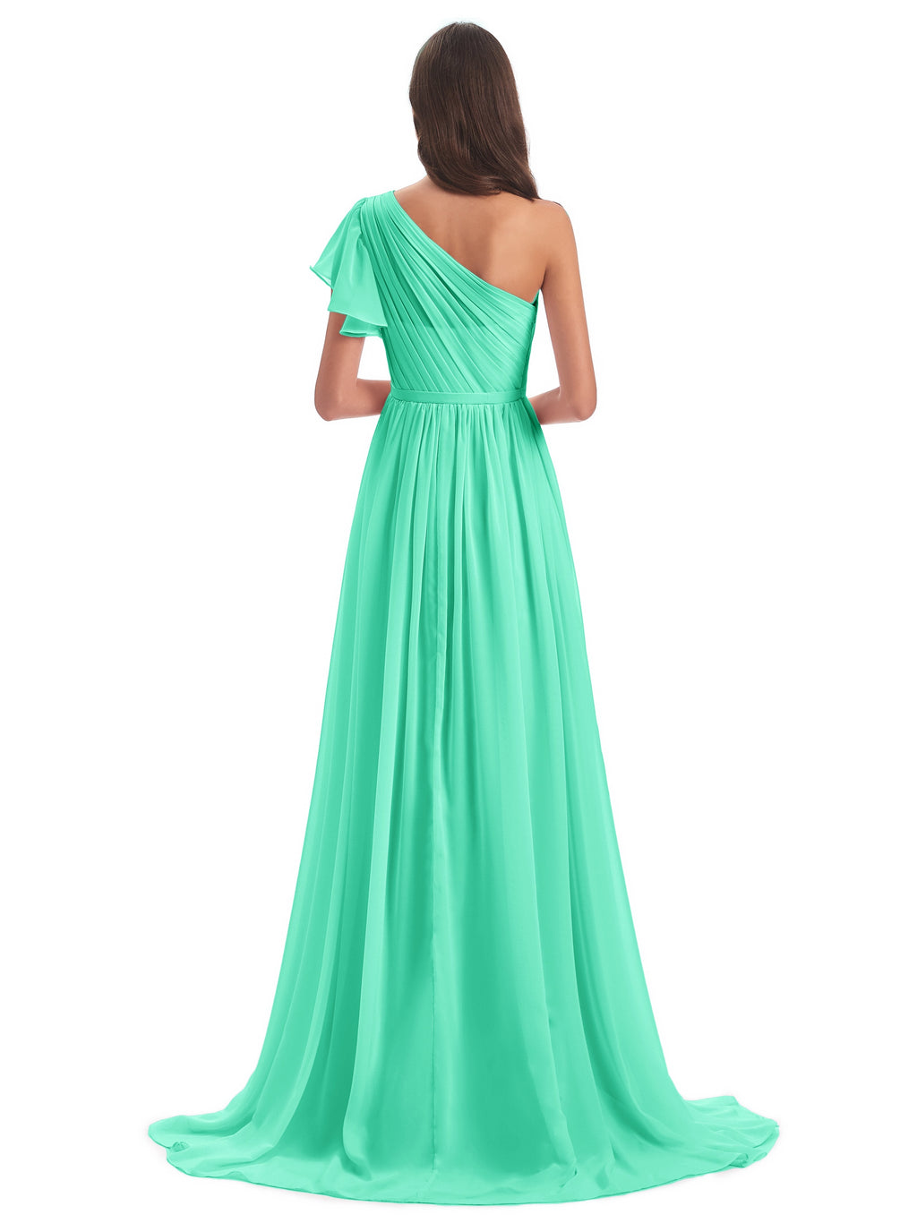 A-line Sweep-Brush Train One Shoulder Chiffon Long Bridesmaid Dresses