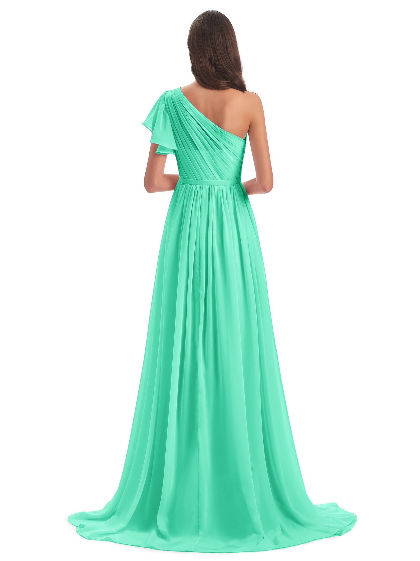 A-line Sweep-Brush Train One Shoulder Chiffon Long Bridesmaid Dresses