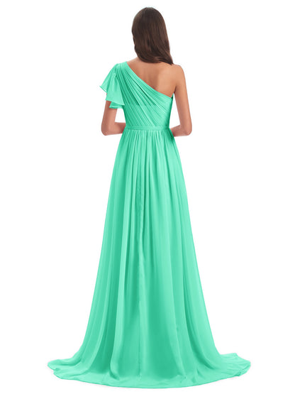 A-line Sweep-Brush Train One Shoulder Chiffon Long Bridesmaid Dresses