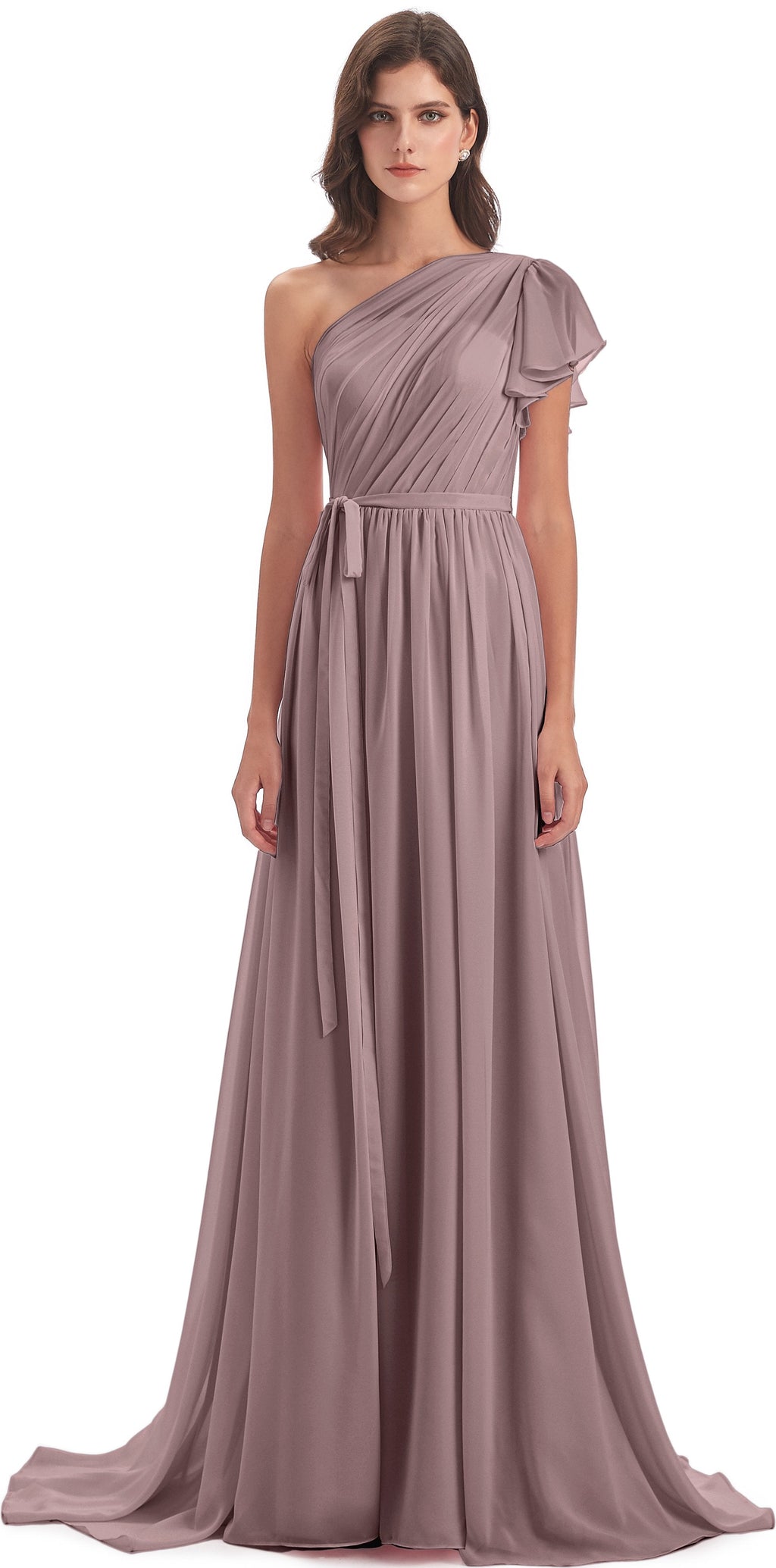 A-line Sweep-Brush Train One Shoulder Chiffon Long Bridesmaid Dresses