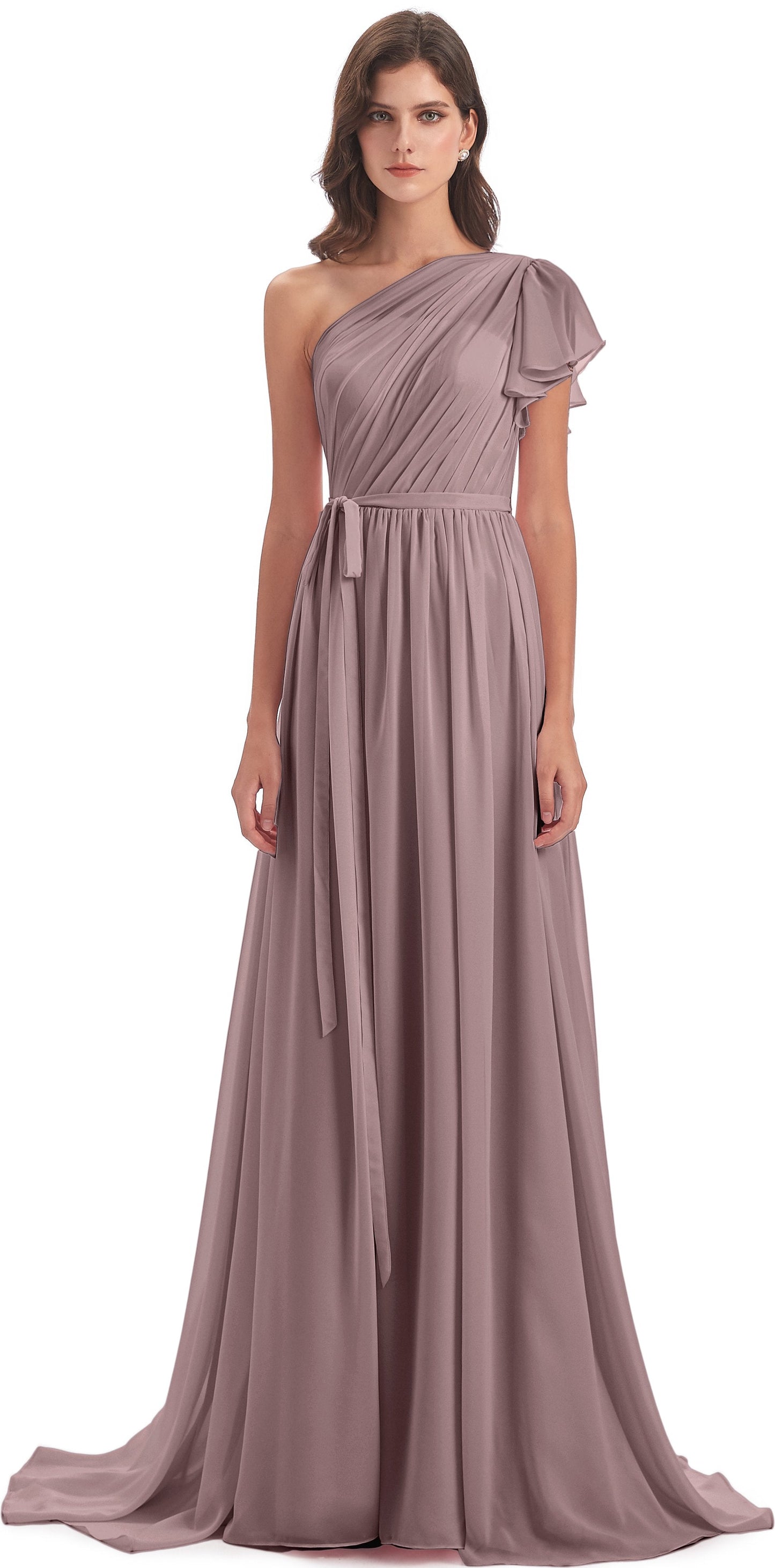 A-line Sweep-Brush Train One Shoulder Chiffon Long Bridesmaid Dresses